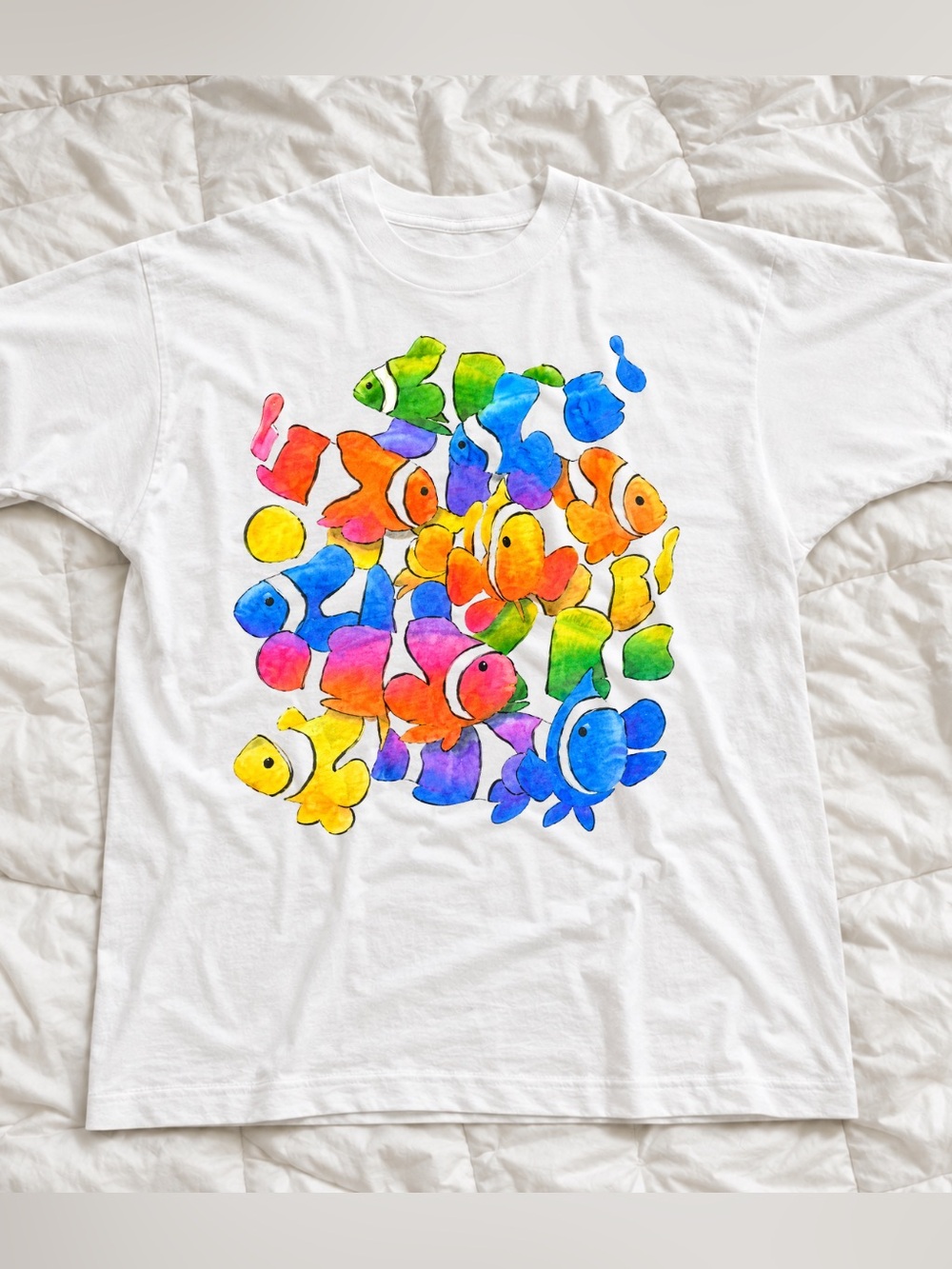 White T-Shirt with Colorful Watercolor Fish Print, Vibrant Multicolor Design Tee